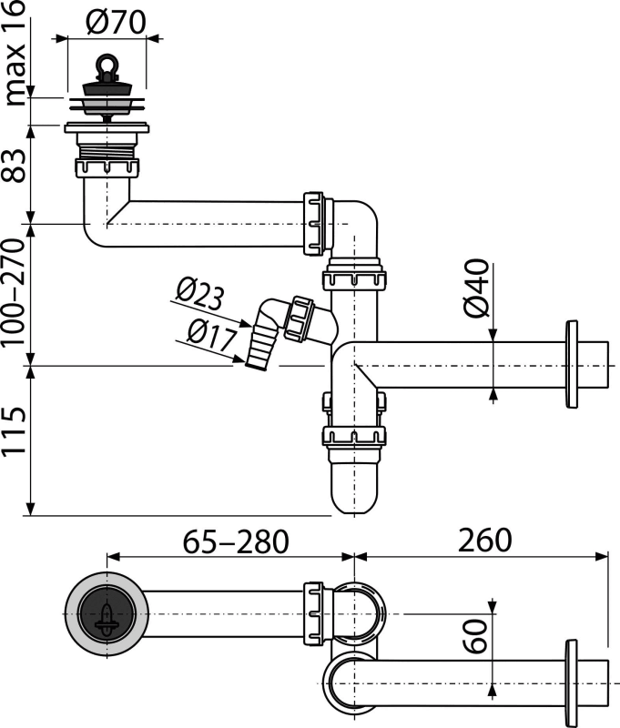 Сифон для мойки экономящий пространство DN40 со штуцером ALCAPLAST A870PDN40 - Вид №1