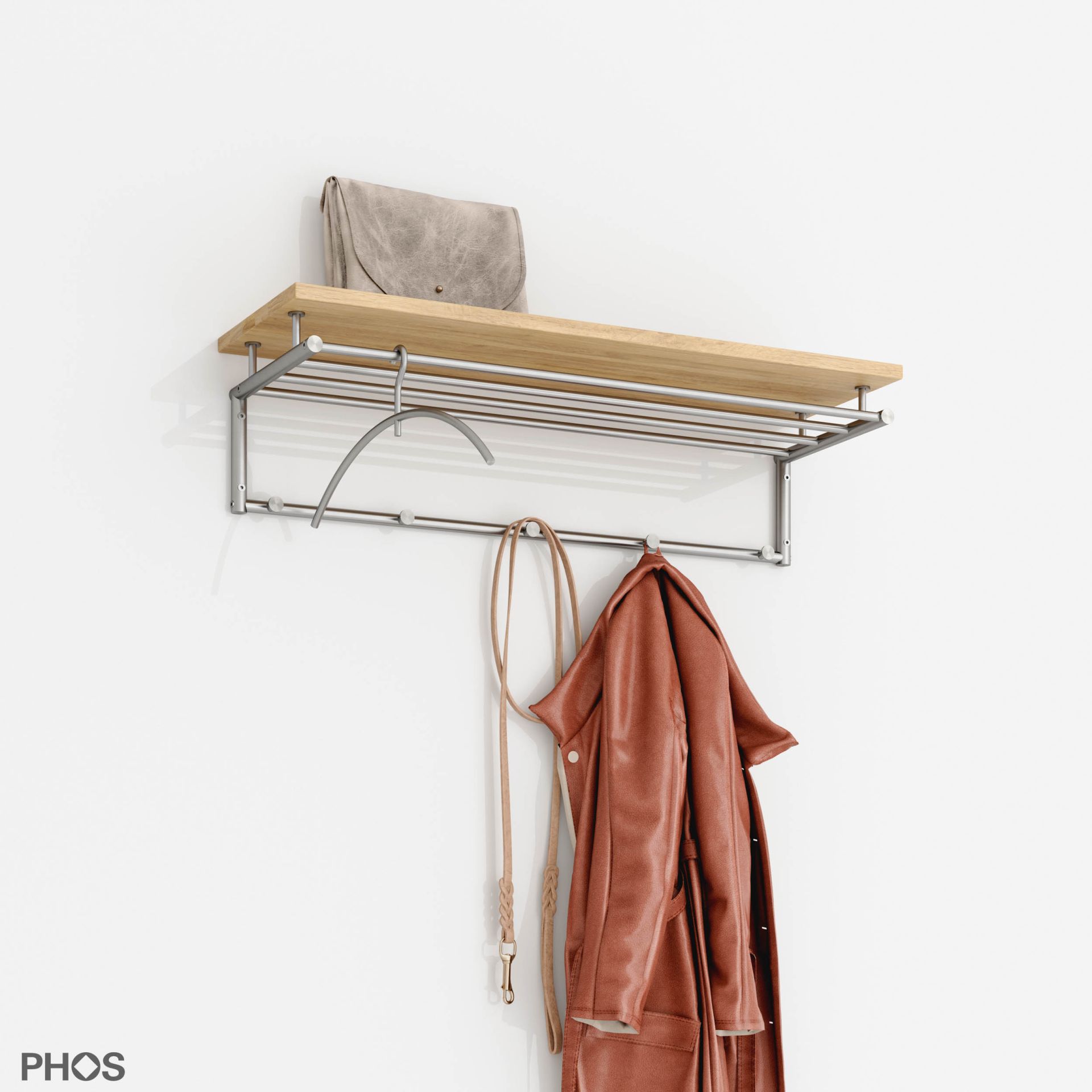 G17-700-Eiche Навесной шкаф g17 с 4 платяными штангами, 5 крючками и деревянной полкой из массива дуба - ширина 75 см PHOS  - Вид №3