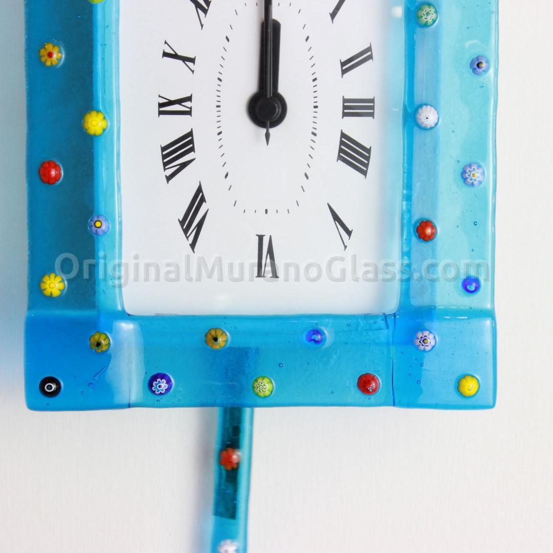 1258 ORIGINALMURANOGLASS Настенные часы с маятником Лазурная муррина - маленькие - муранское стекло 14 см  - Вид №1