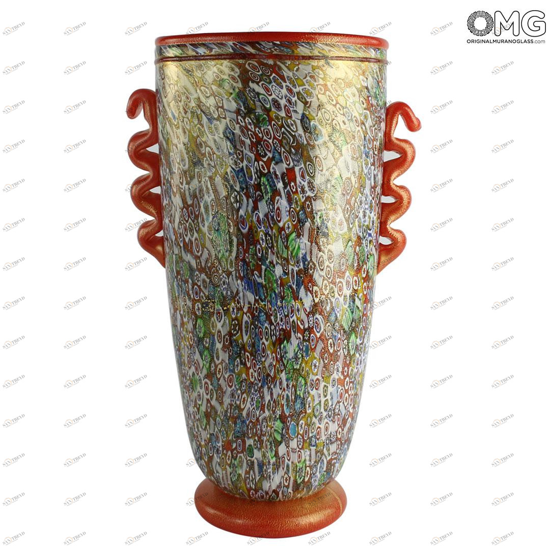 4673 ORIGINALMURANOGLASS Ваза Золотая чаша - с миллефиори - муранское стекло OMG 19 см 