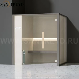 Effegibi ONEFILO H LO61010006 Хаммам. Установка: в левый угол. Левая дверь. Мощность: 4,5 кВт макс. Размеры: длина 214 см, ширина 171 см. Отделка: матовый лакированный серый аллюминий и бежевый ламинат из керамогранита.