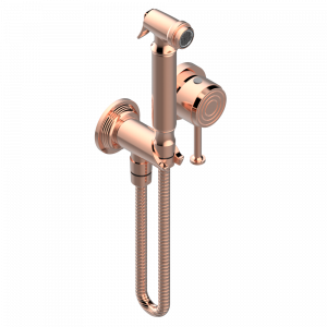 U9A-5840/MBG Комплект для душа, включающий смеситель, армированный шланг 1 м 25 см, ручной душ с курковым распылителем, выход из стены и предохранительный запорный клапан Thg-paris West Coast с металлическими ручками-крестиками Розовое золото