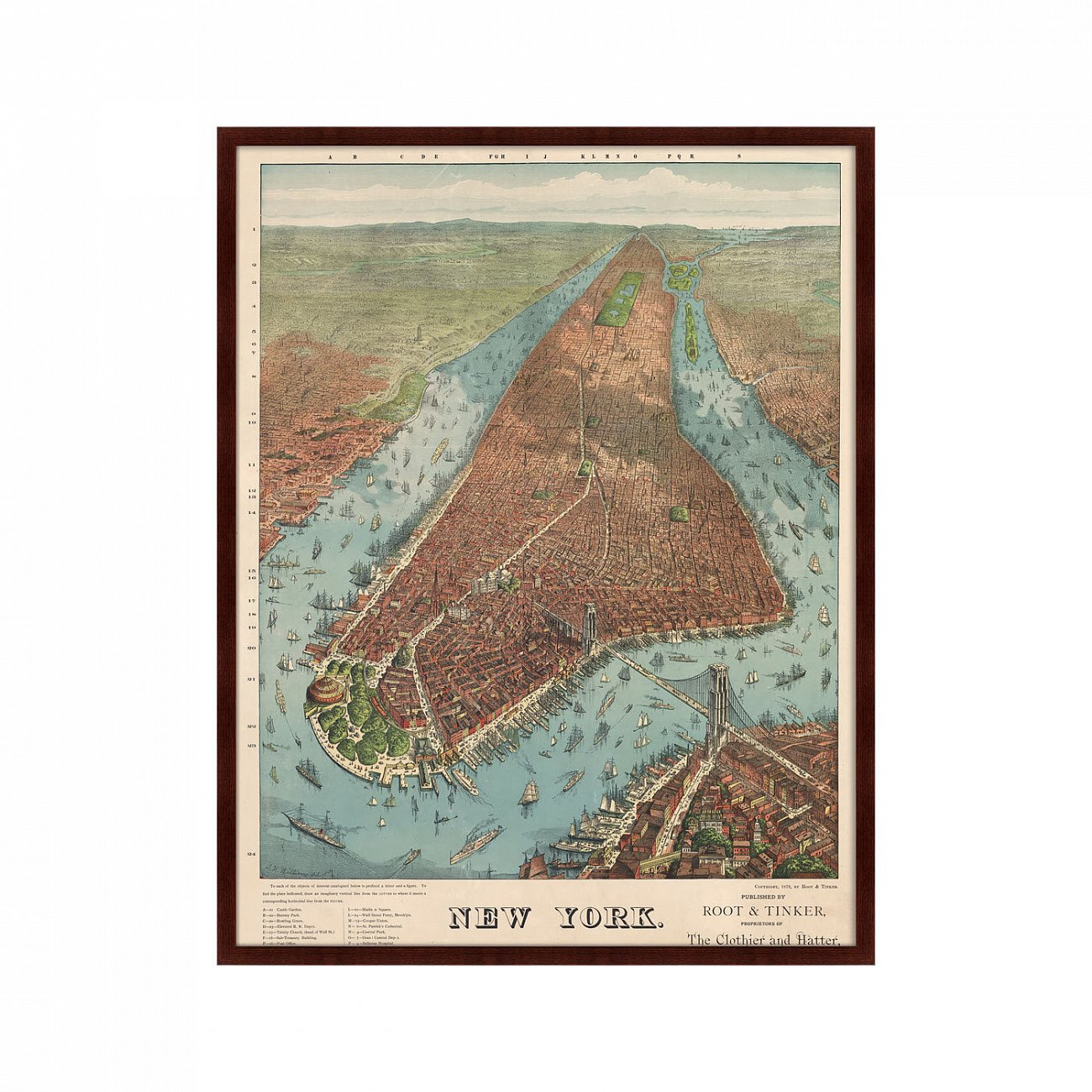 Картина в раме 130х102 см Antique map of New York City, 1879г. КАРТИНЫ В КВАРТИРУ  264228 Зеленый;коричневый;разноцветный  - Вид №1