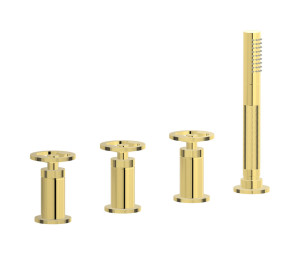 Смеситель на бортик ванной на 4 отверстия с изливом, дивертером и душевым гарнитуром. WE ARE IB b1397oo Gold Bold