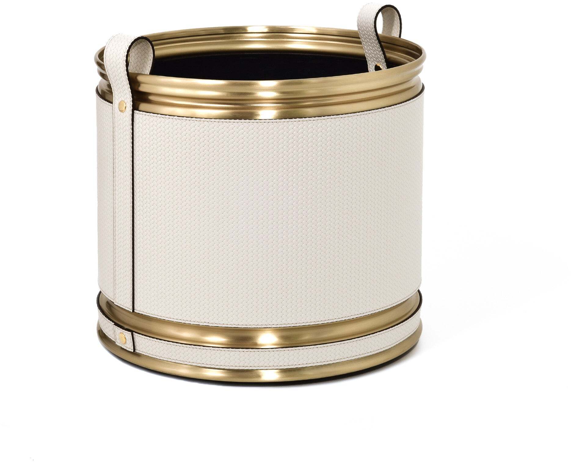 Кашпо - Ø 30,5XH27,5 см / металл-отделка_сатин-латунь / плетеная кожа_темно-синий