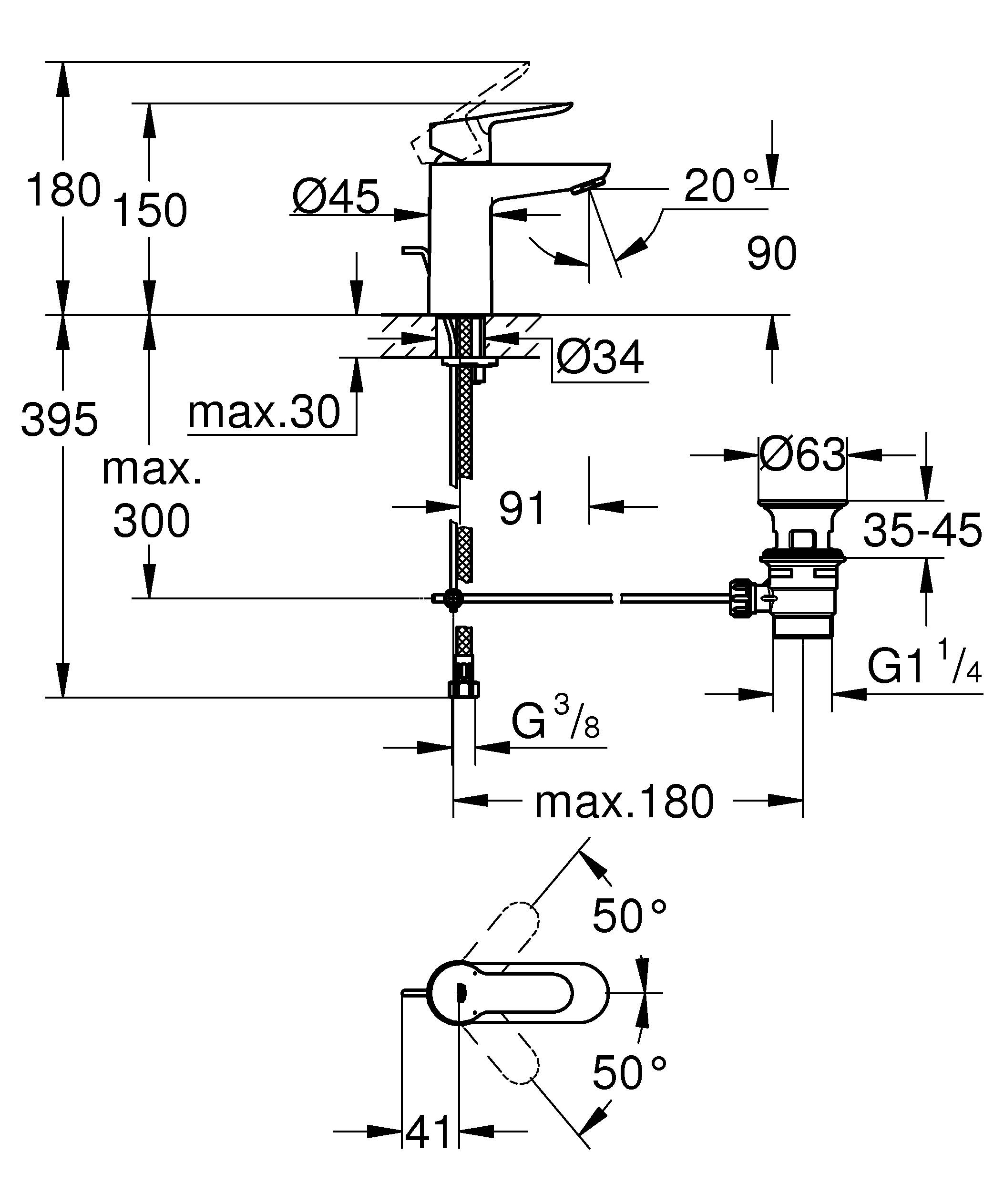 Смеситель для раковины GROHE StartEdge со сливным гарнитуром, хром (23342000) - Вид №1