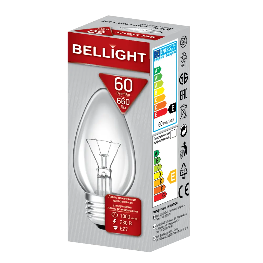 BELLIGHT Лампа накаливания E27 свеча 60Вт теплый свет для уютного интерьера 82895027 STLM-1526725 - Вид №3