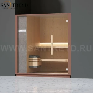 Effegibi ONE S LO50030010 Сауна. Установка: в нишу. Левая дверь. Мощность: 6 кВт макс. Размеры: длина 214 см, ширина 171 см. Отделка: канадский хемлок, матовый лакированный серый аллюминий и бежевый ламинат из керамогранита.