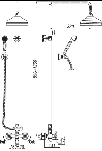 Душевая стойка со смесителем, с изливом, верхним и ручным душем CEZARES RETRO-C-CVD2-02 - Вид №1