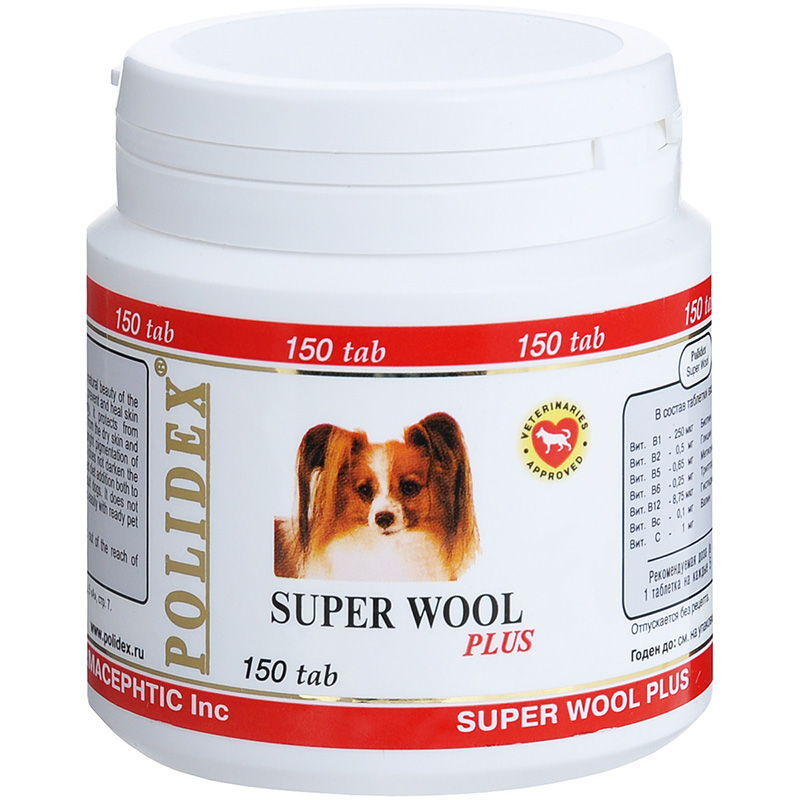 Т0025435 Витамины для собак Super Wool Plus 150 таб. POLIDEX 