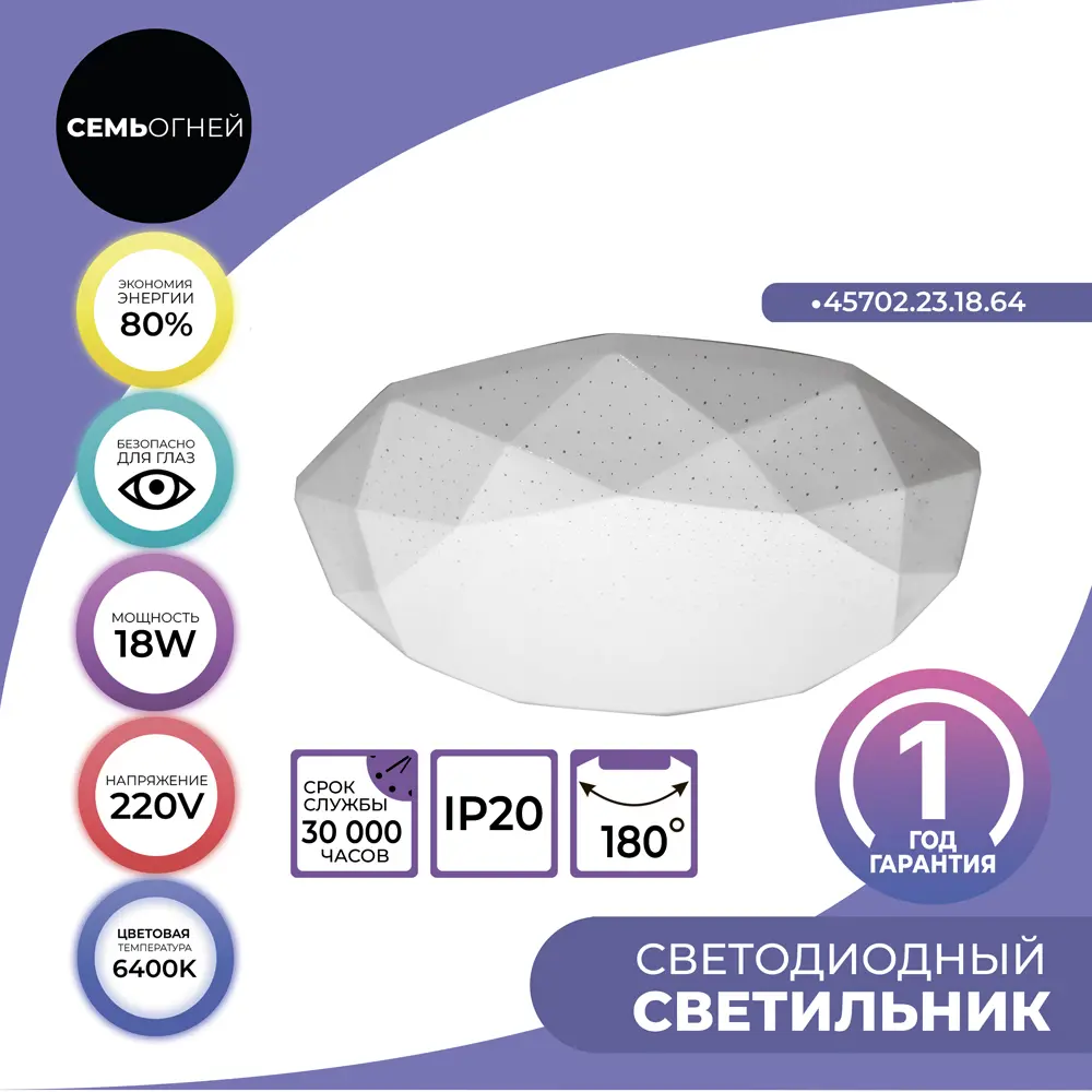 Светильник настенно-потолочный светодиодный Эйри, 12 м², 24 Вт, холодный белый свет, цвет белый матовый 83161290 STLM-2159405 СЕМЬ ОГНЕЙ  - Вид №3