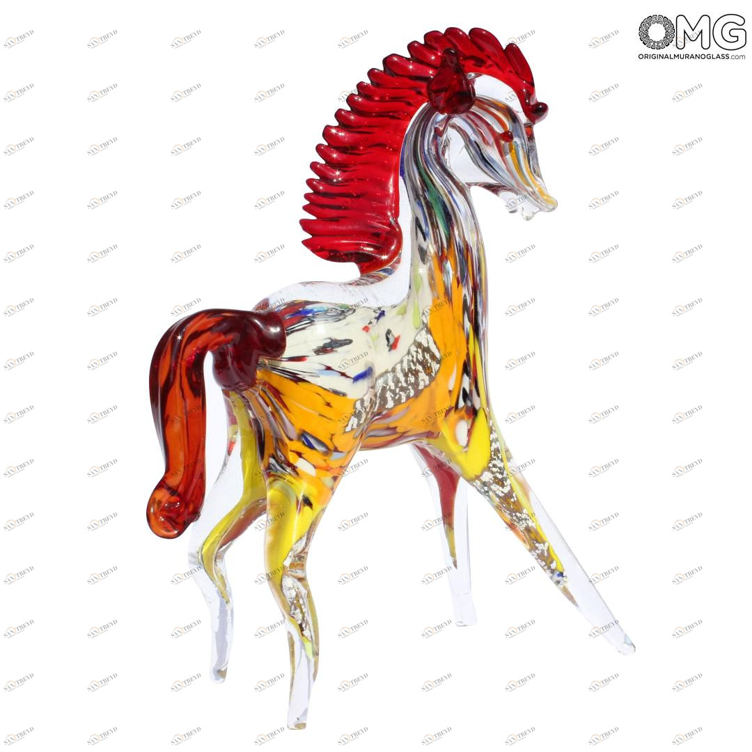 2287 ORIGINALMURANOGLASS Скульптура Разноцветный конь с красной гривой из муранского стекла 17 см 