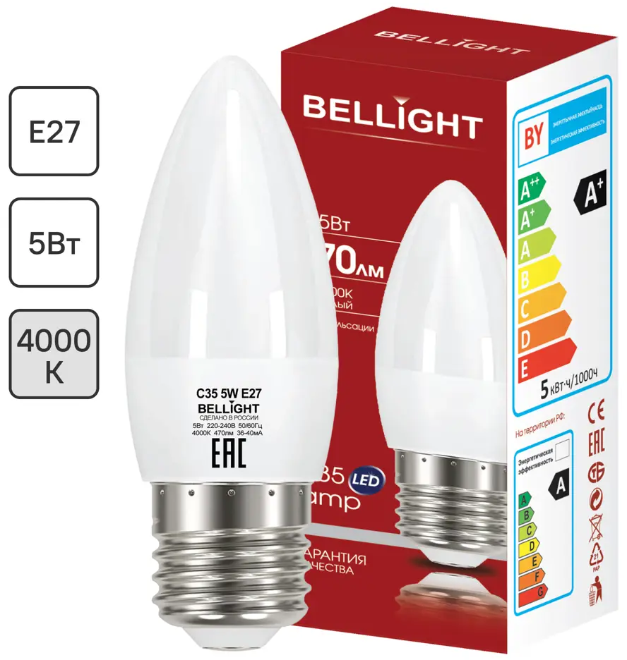 BELLIGHT Светодиодная лампа E27 свеча 5Вт теплый белый свет 86170857