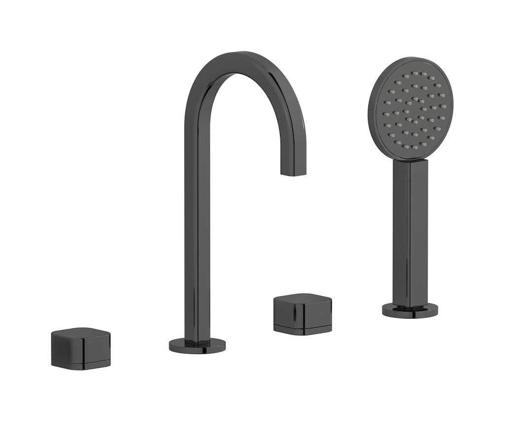 Смеситель на бортик ванной на 4 отверстий с дивертером и душевым гарнитуром. WE ARE IB eo396cf_1 Black Chrome Elio