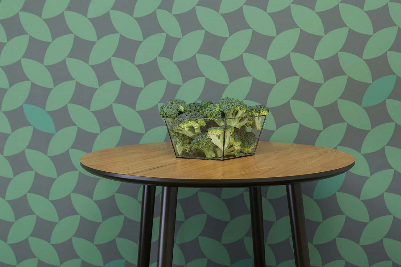 Стол обеденный круглый с деревянными ножками 90 см с бордовым кантом "Спутник" WOODI  00-3966003 Беленый дуб;бежевый  - Вид №1