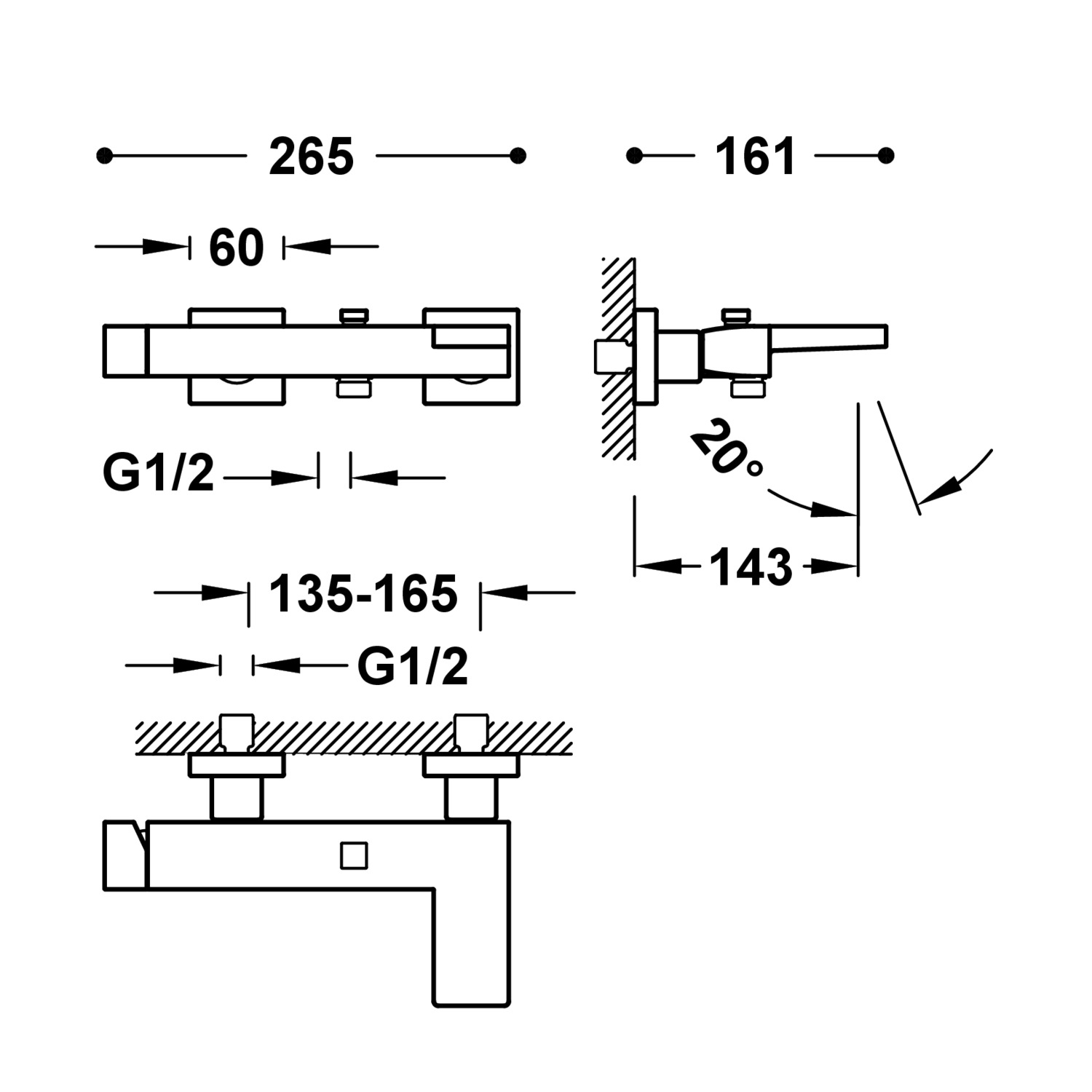 ТОНКИЙ настенный смеситель с одной ручкой для ванны и душа-20217001 TRES  - Вид №1