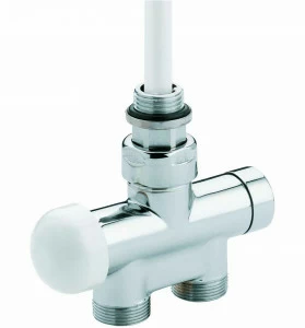 Carlo Poletti V86510H Клапан термостатический одно/двухтрубный с by-pass и держателем, центральное подсоединение. Версия угловая с подключением медной или пластиковой трубы. Межосевое расстояние 40-50 мм.