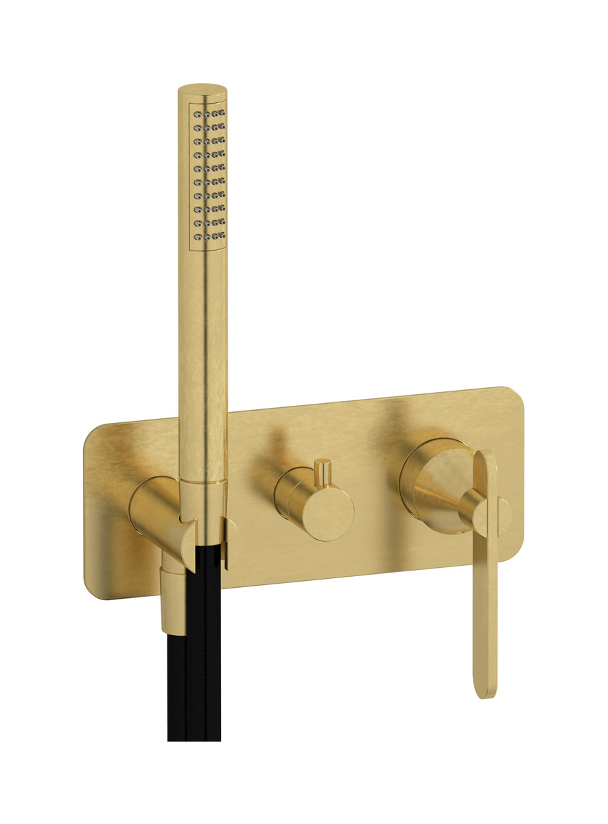 Внешние части встроенного в стену смесителя на 2 потребителя в комплекте с душевым гарнитуром. WE ARE IB oh397cs Natural Brass Soho