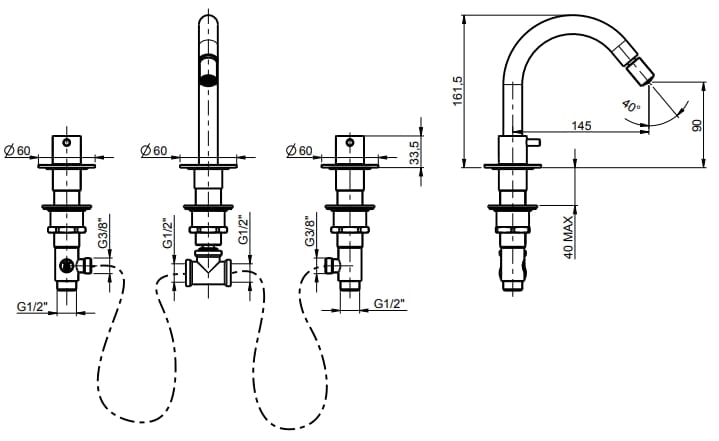 Смеситель для биде с 3 отверстиями для пола с отдельными розетками Rubinetterie Frattini Pepe XL ARCH-00131328 - Вид №10