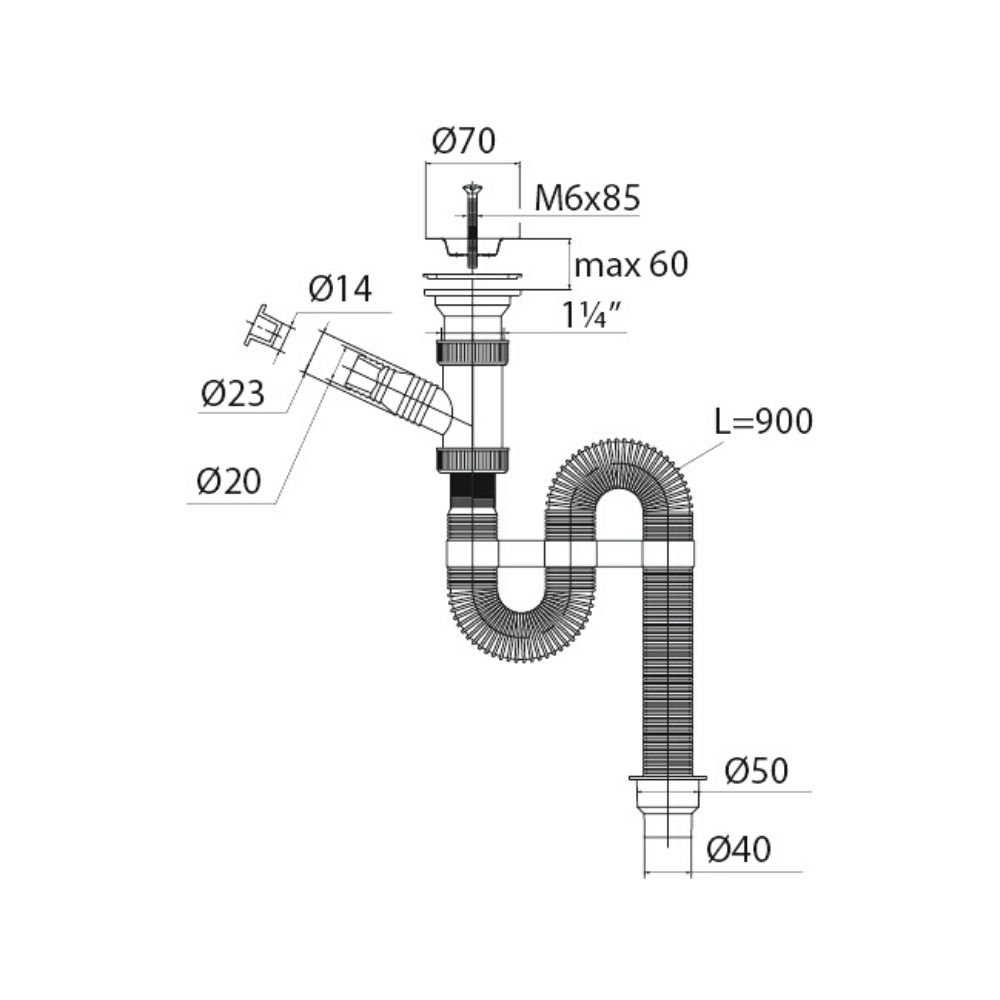 Сифон гофрированный "VIR" (30980317)  с отводом для СМ и нерж.чашкой д.70мм (1 1/4"- д.40/50) 30980317 Santreyd  - Вид №1