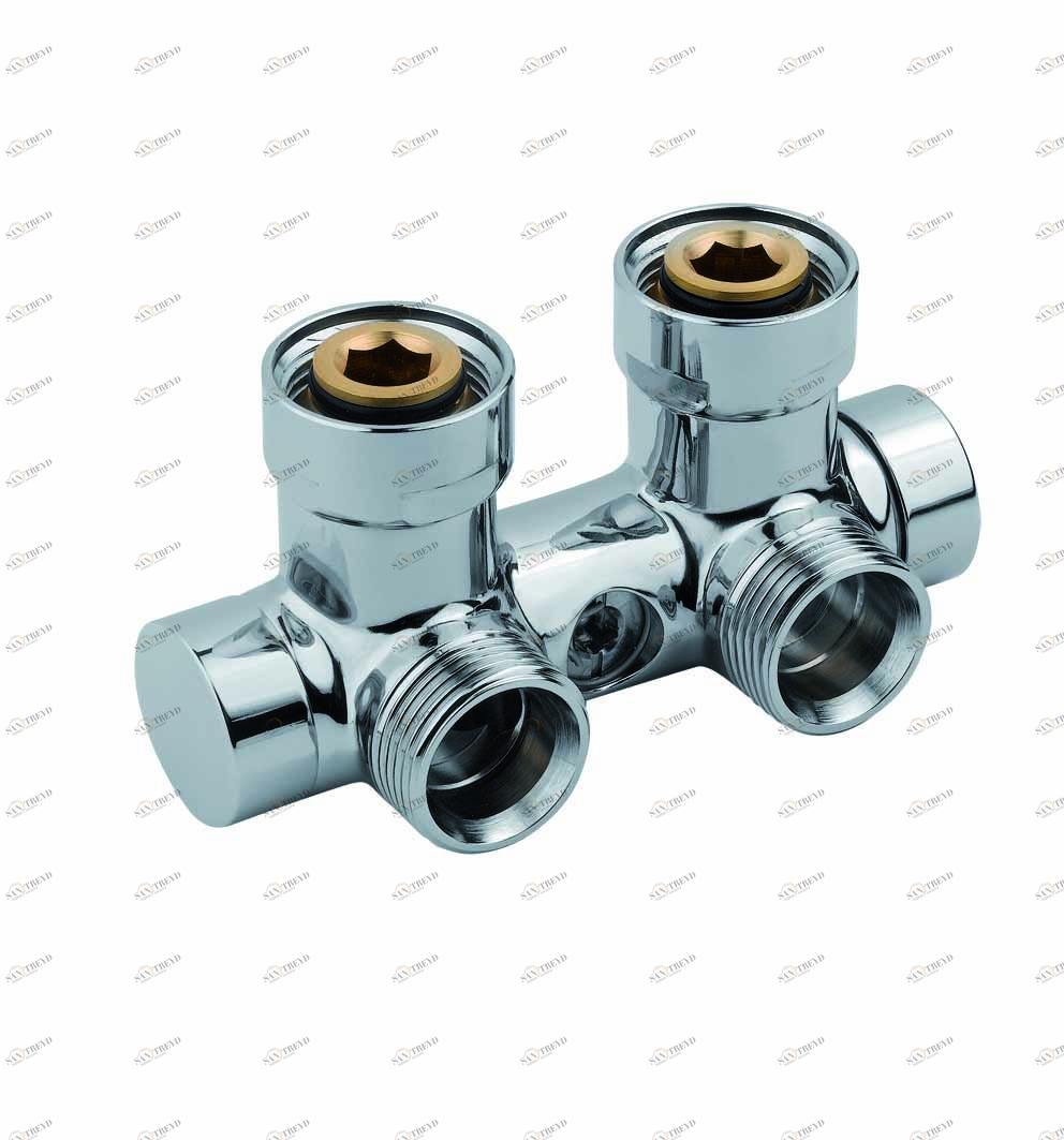 Carlo Poletti V48310J Клапан двухтрубный с держателями. Версия угловая с подключением медной или пластиковой трубы. Межосевое расстояние 50 мм 