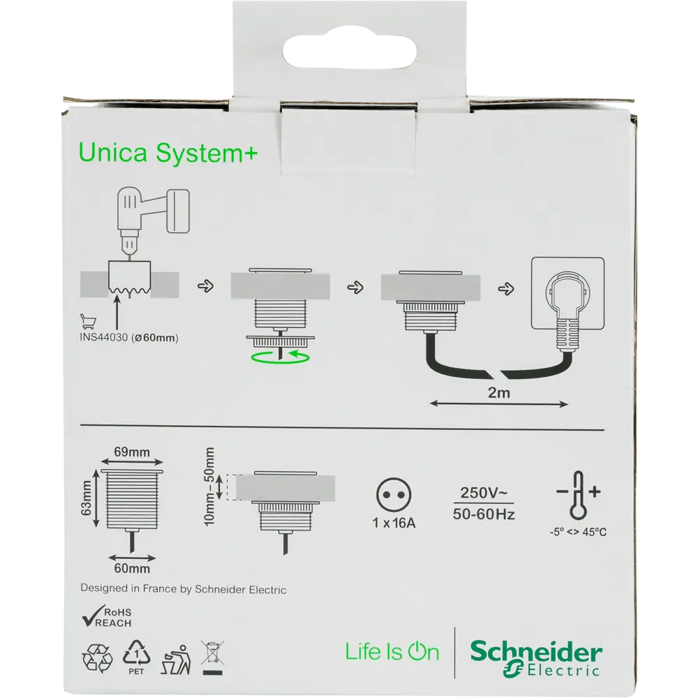 Розетка встраиваемая в столешницу Schneider Unica System 1 розетка с заземлением 2 м 3670 Вт цвет белый 82401601 STLM-2172791 SYSTEME ELECTRIC  - Вид №6