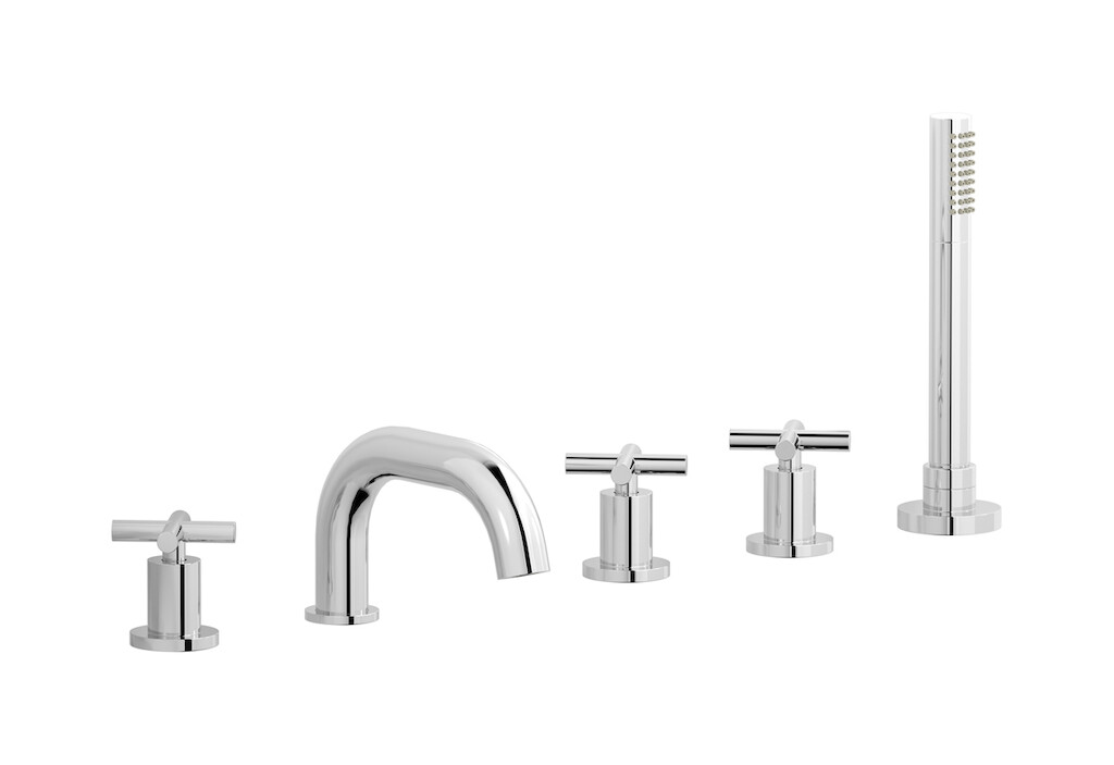 Смеситель на бортик ванной на 5 отверстий с дивертером и душевым гарнитуром. WE ARE IB wo397ss Chrome WOW