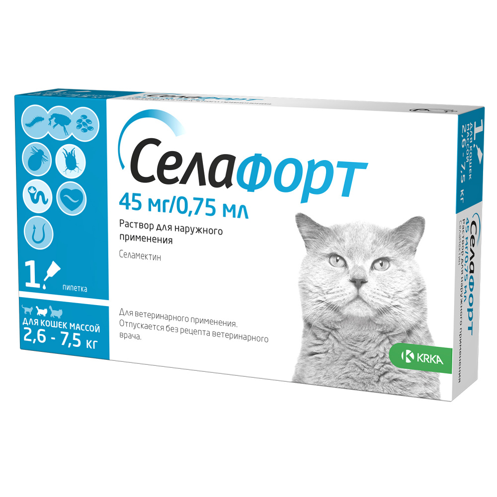 ПР0049142 Р-р для наружного применения для кошек Селафорт весом 2,6-7,5 кг, 0,75 мл (45 мг), шт KRKA 
