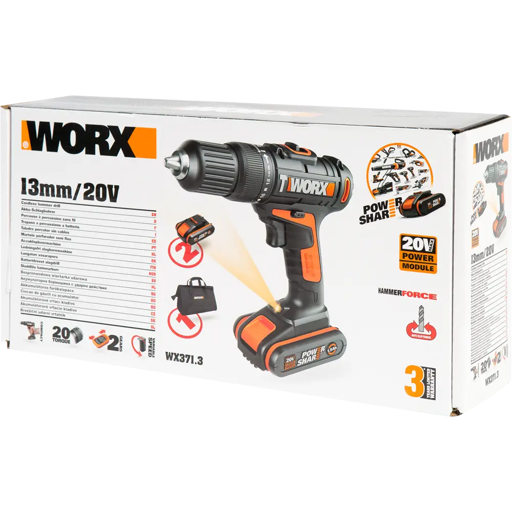 Дрель-шуруповерт аккумуляторная ударная Worx WX371.3, 20 В Li-ion 2x1.5 Ач STLM-2038624 - Вид №5