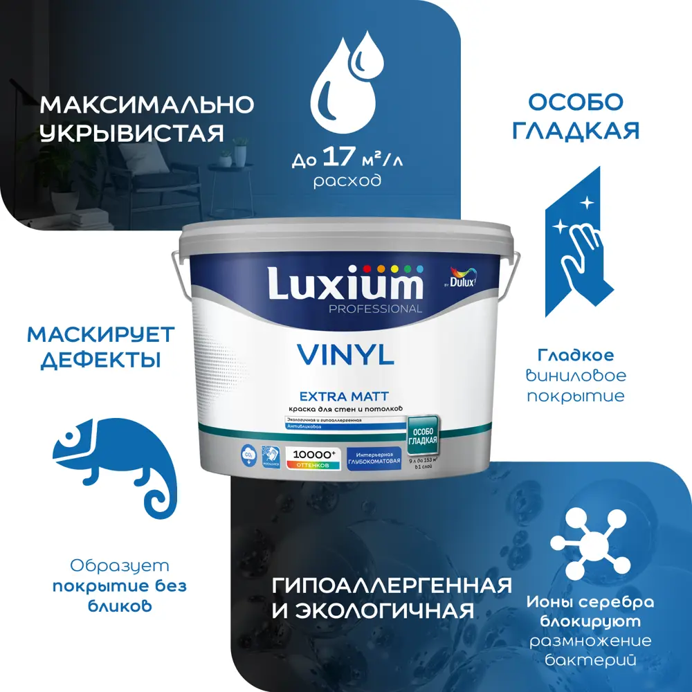 Краска для стен и потолков моющаяся Luxium Vinyl Extra Matt глубокоматовая цвет белый база BW 1 л 89425743 STLM-2089792  - Вид №7