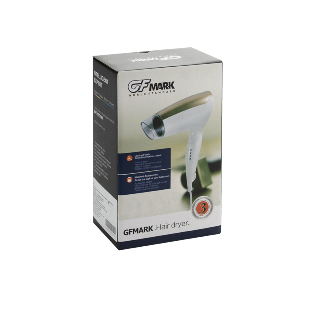 GFmark - Фен для волос в ванную комнату без креплений, ПЕРЕНОСНОЙ, белый с золотом, 1600W, код: 6831  - Вид №5