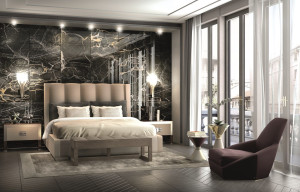 Кожаная двуспальная кровать с мягким изголовьем