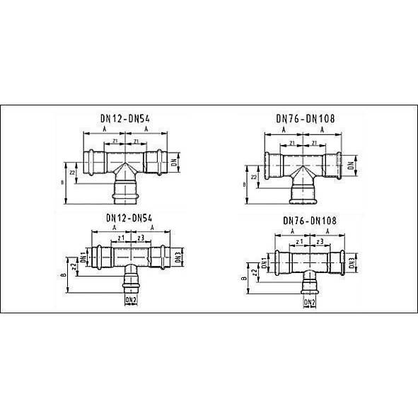 619130542254 SANHA 19130 пресс.-фит. без силикона тройник ВПр, нерж.сталь 54x22x54 мм  - Вид №1