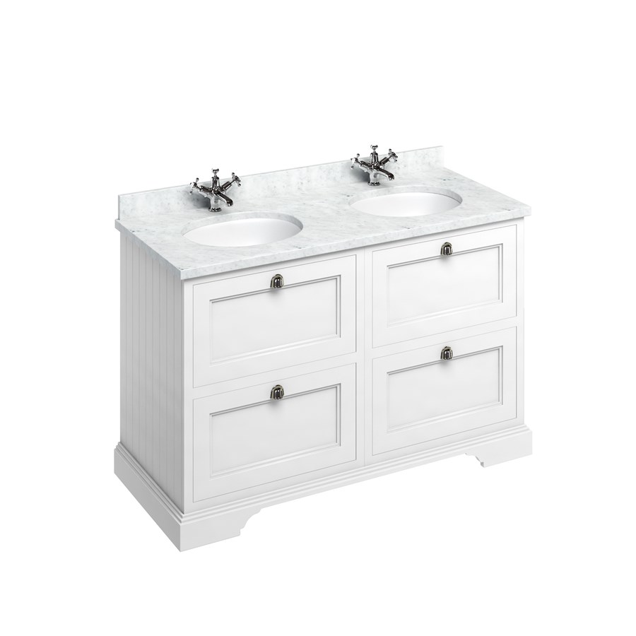 Burlington Отдельностоящий блок 130 со столешницей Carrara White, ящиками и 2 встроенными белыми раковинами Классический серый FC10G_BC12  - Вид №1