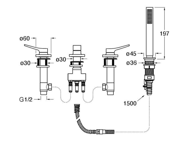Смеситель для ванны с 4 отверстиями и ручным душем CRISTINA Rubinetterie бочка ARCH-00046350 - Вид №2