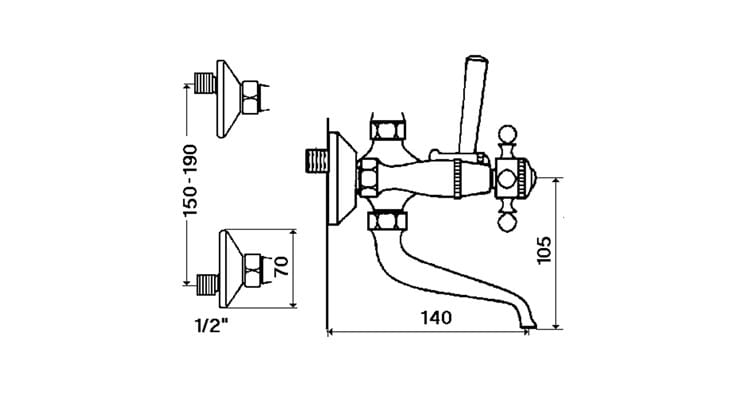 Настенный смеситель для ванны с 2 отверстиями и ручным душем rvb 1920-1921 ARCH-00152978 - Вид №2