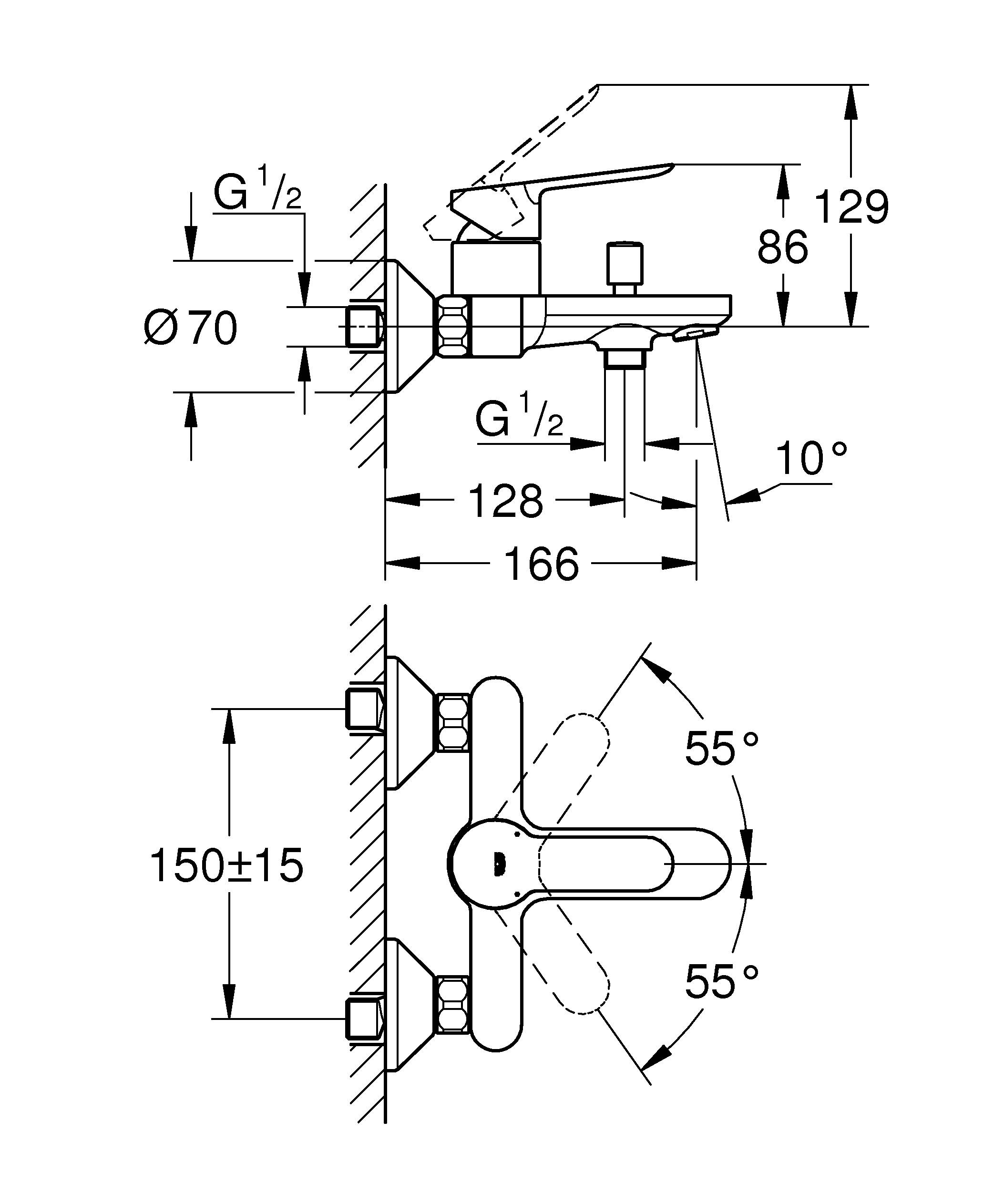 Смеситель для ванны GROHE BauEdge, настенный монтаж (23605000) - Вид №1