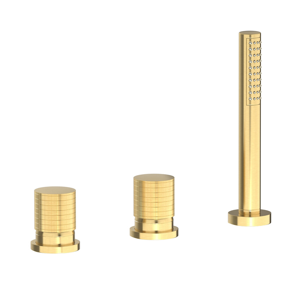 Смеситель на бортик ванной на 3 отверстия с изливом, дивертером и душевым гарнитуром. WE ARE IB ga397os Brushed Gold Gatsby