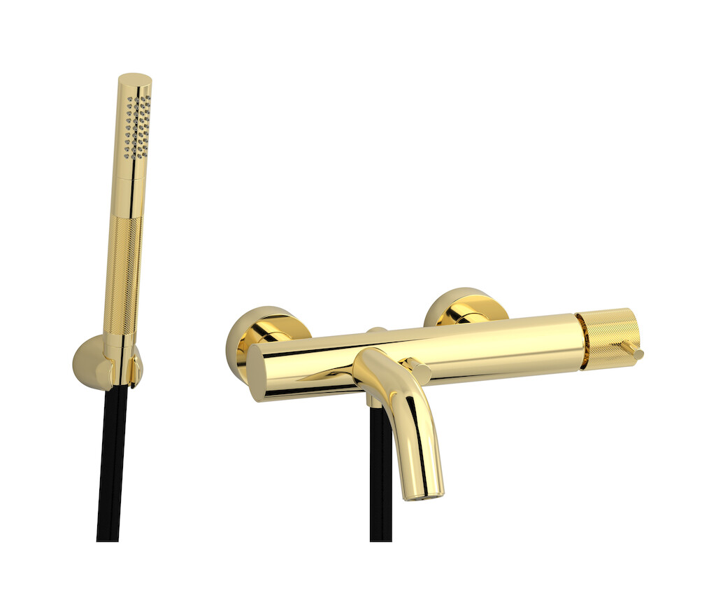 Настенный смеситель для ванной в комплекте с душевым гарнитуром. WE ARE IB id250ii Pale Gold Industria
