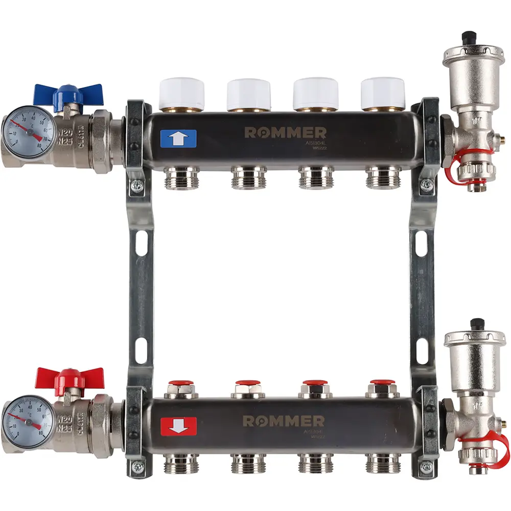 Коллектор в сборе для радиаторного отопления Rommer 1"x3/4" 4 выхода нержавеющая сталь RMS-3210-000004 STLM-2060962