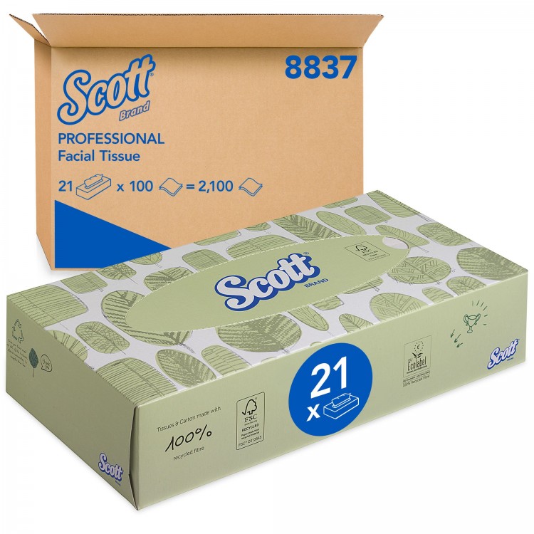 8837 Kimberly Clark Салфетки косметические для лица Kimberly Clark Professional Scott 8837 К1 22х19 2-слойные 21 пачка по 100 листов белый 