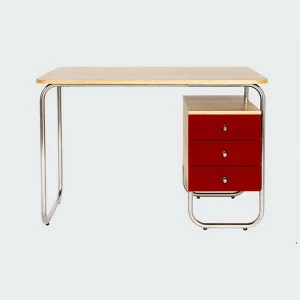 Стол рабочий письменный на металлических ножках с красной тумбой Bauhaus WOODI  00-3966079 Беленый дуб;бежевый;красный