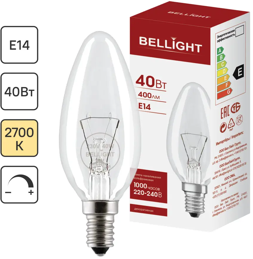 89365478 Лампа накаливания Bellight E14 220-240 В 40 Вт свеча 400 лм цвет света желтый для диммера STLM-0924724