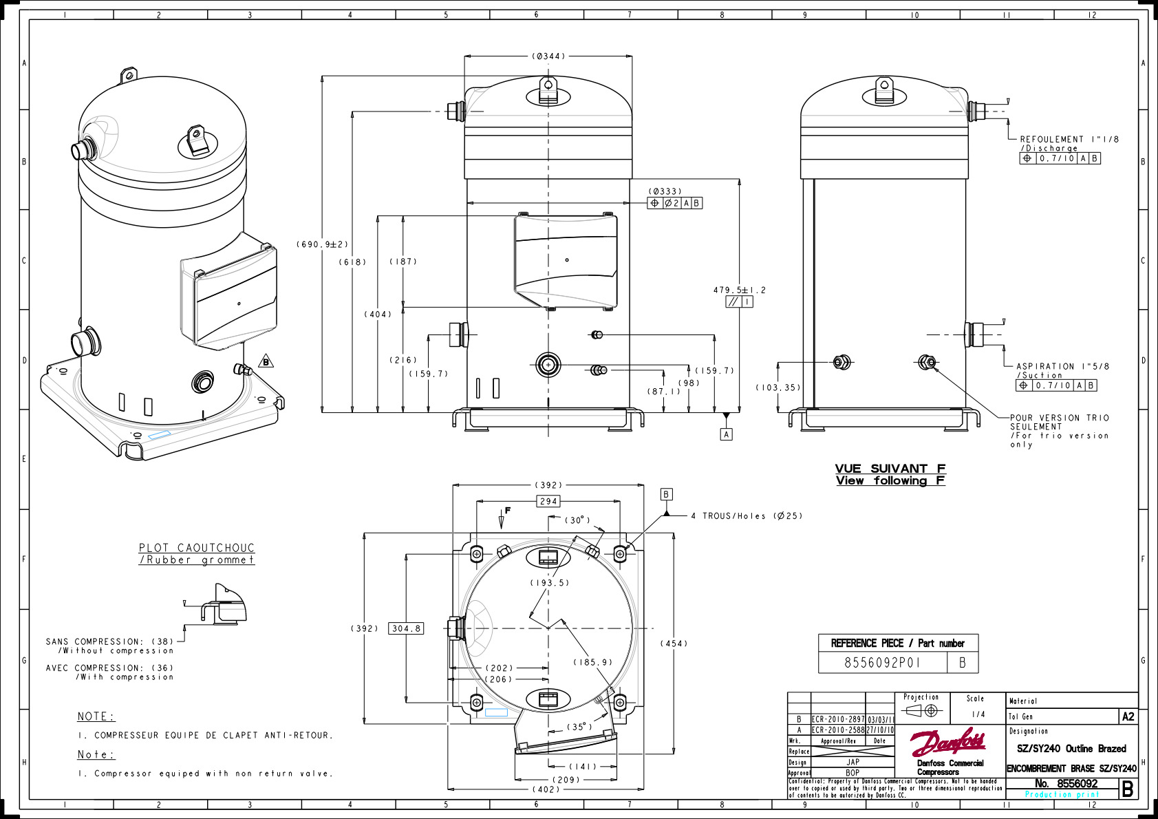 Danfoss SY — Герметичные спиральные компрессоры, R22, R134a, R407C SY300A4PBI Компрессор спиральный SY300A4PBI  - Вид №15