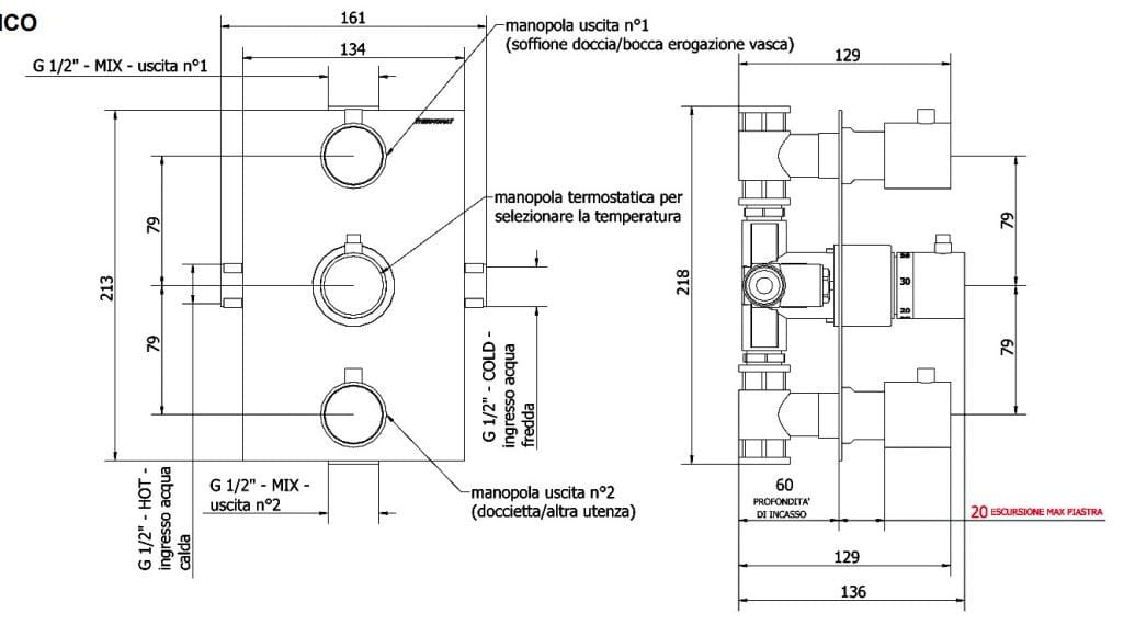 Термостатический смеситель для душа с 3 отверстиями Thermomat Thermo-mix ARCH-00043862 - Вид №2
