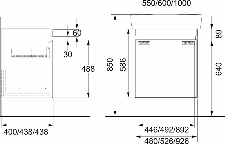 44756 IFO Renova Плоская тумба для умывальника, с ящиком и внутренним ящиком, W = 480 мм, W1 = 550 мм, T = 400 мм, глянцевый белый  - Вид №11
