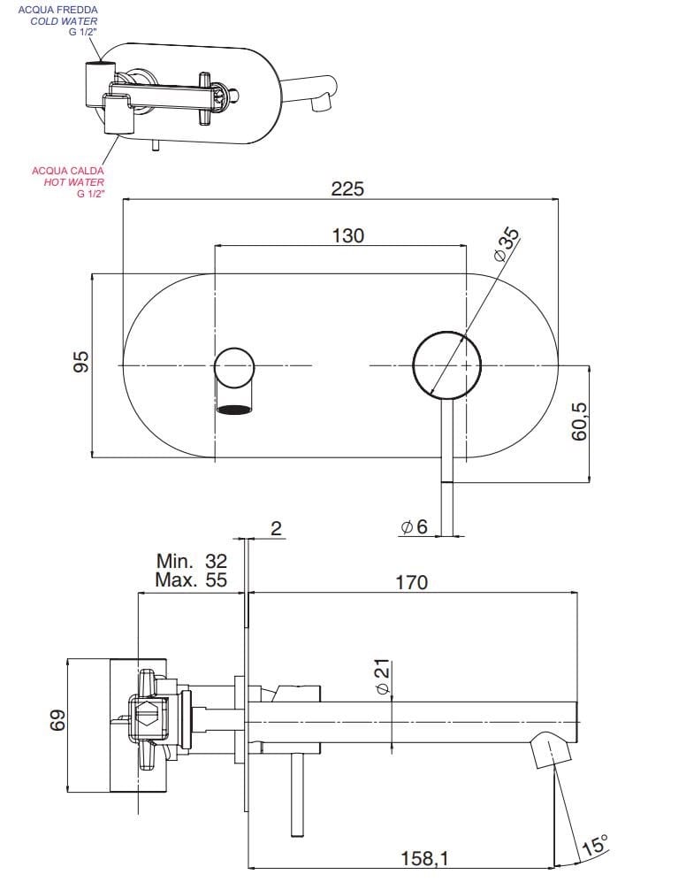Латунный однорычажный настенный смеситель для раковины без слива Rubinetterie Mariani Ultraminimal ARCH-00082932 - Вид №2