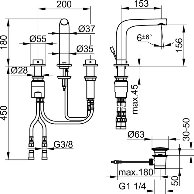 51515030000 Смеситель для умывальника на 3 отверстия 150 KEUCO Edition 400 - Вид №2
