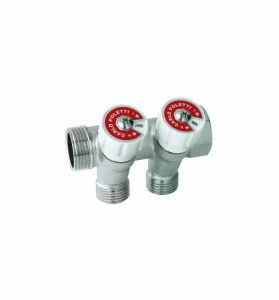 Carlo Poletti C52201QBI35 Коллектор сборный, с регулировочным клапаном. Ручка белая с идентификационными пластинками красный/синий. 2 ответвления, межосевое расстояние 35 мм.
