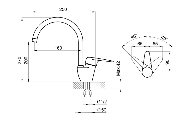 1024, АЛЮМИНИУМ, СМЕСИТЕЛЬ КУХОННЫЙ GRANULA 1024-ST86 - Вид №2